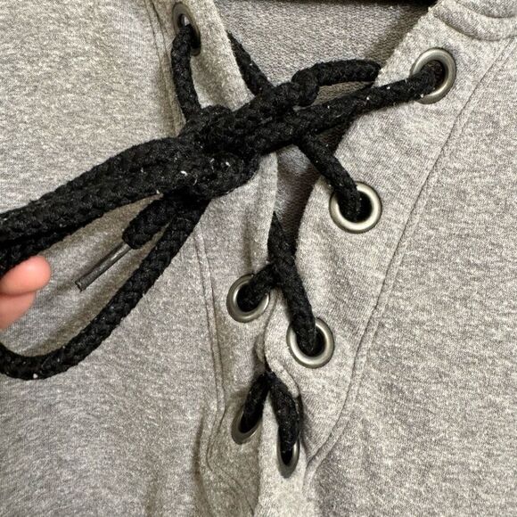 PINK Victorias Secret Soft Stertchy Gray Love Pink Lace Up Hooded Sweater Medium - Picture 4 of 8